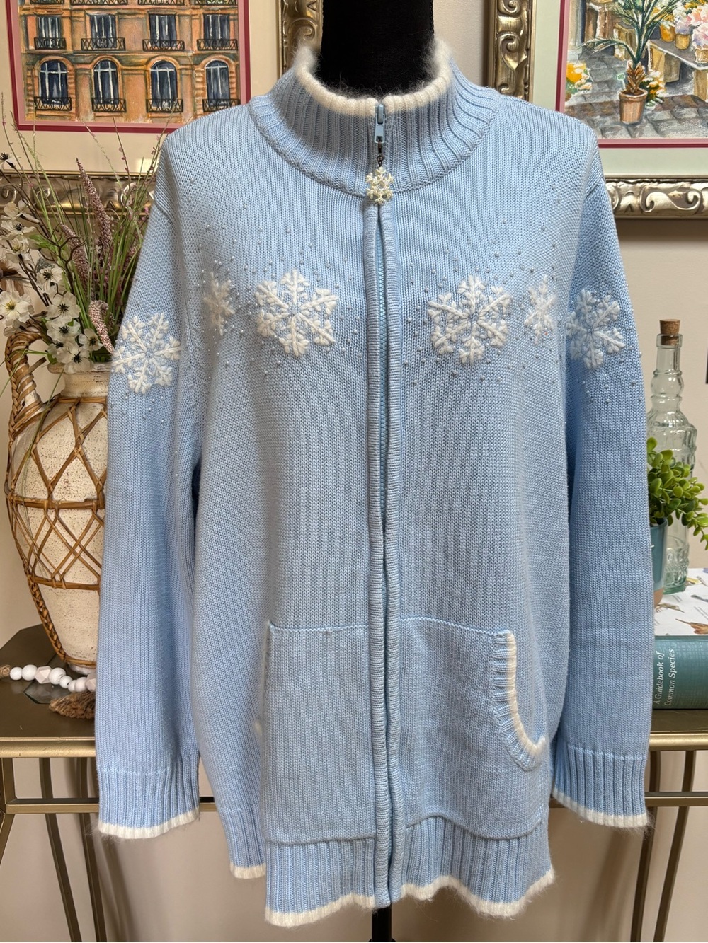 Nordic Zip-Up Snowflake Cardigan Sweater SZ 2X - Beaded - Embroidered Snowflakes